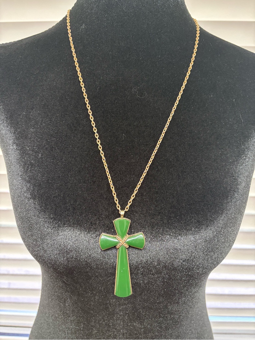 Avon Gold-Tone Green Enamel Cross Pendant Necklace